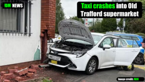 Taxi crashes into Old Trafford supermarket as fire crews seal off scene