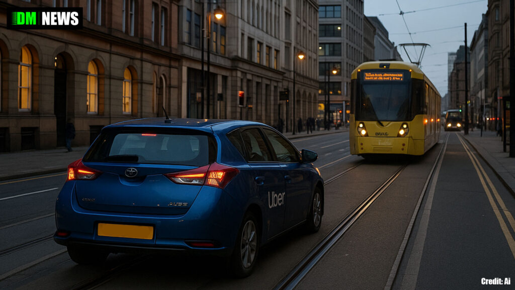 Wolverhampton-plated Uber driver filmed driving down Manchester tram line with tram behind him