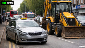 Taxi and JCB Digger Crash Causes Disruption on Birmingham Road