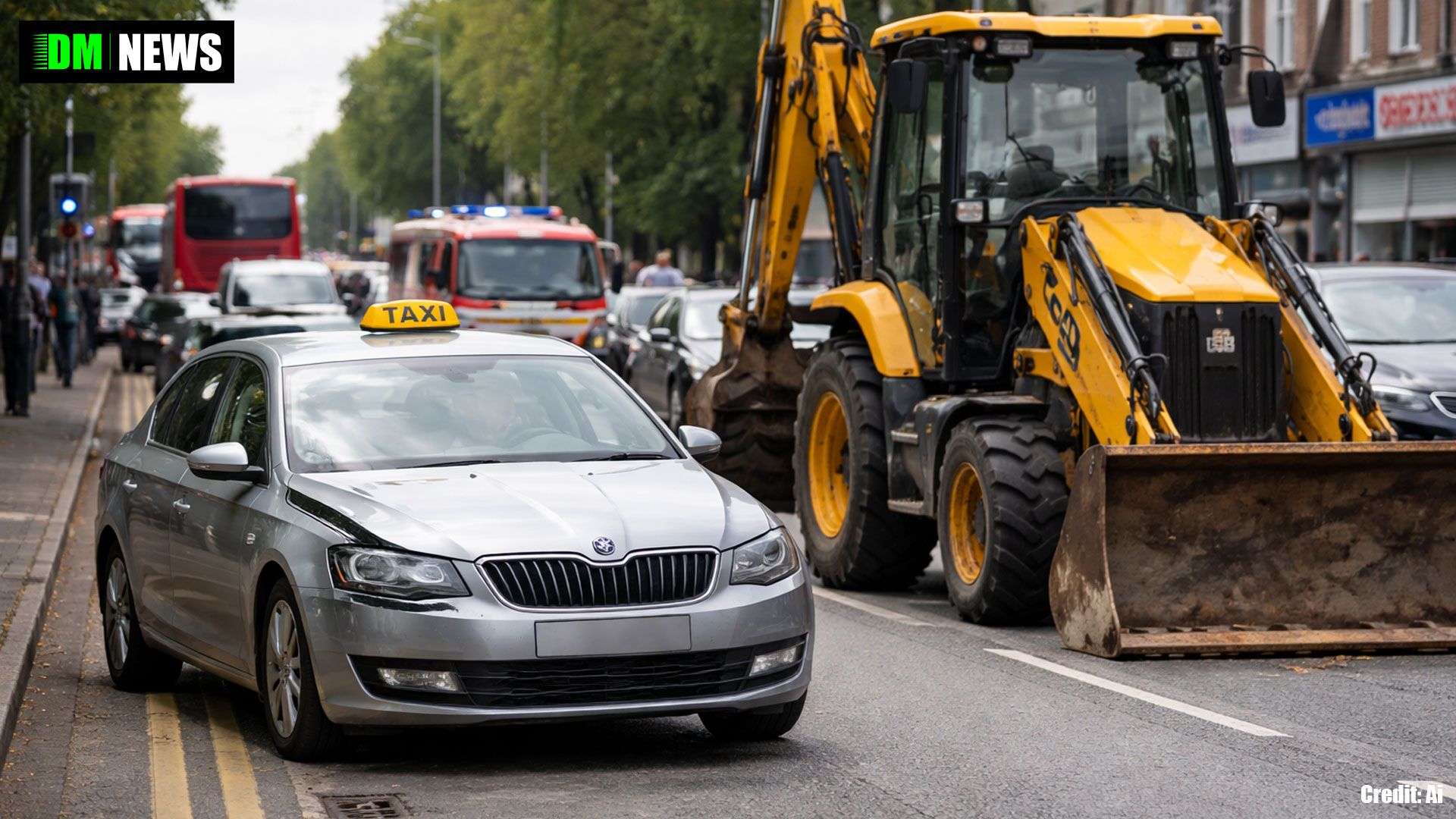 Taxi and JCB Digger Crash Causes Disruption on Birmingham Road