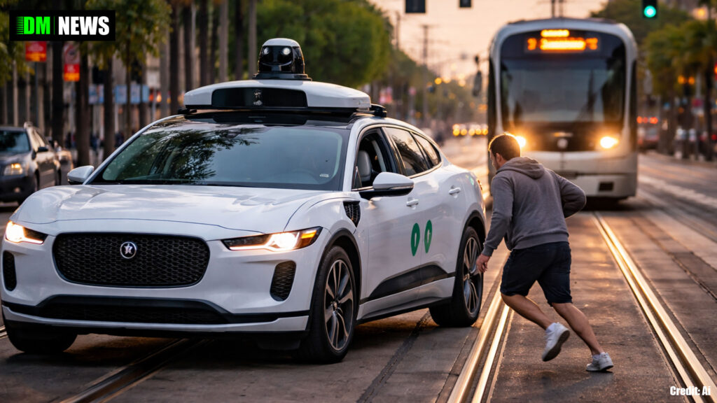 Waymo Robotaxi Stuck on Tram Tracks as Passenger Jumps Out With Tram Approaching
