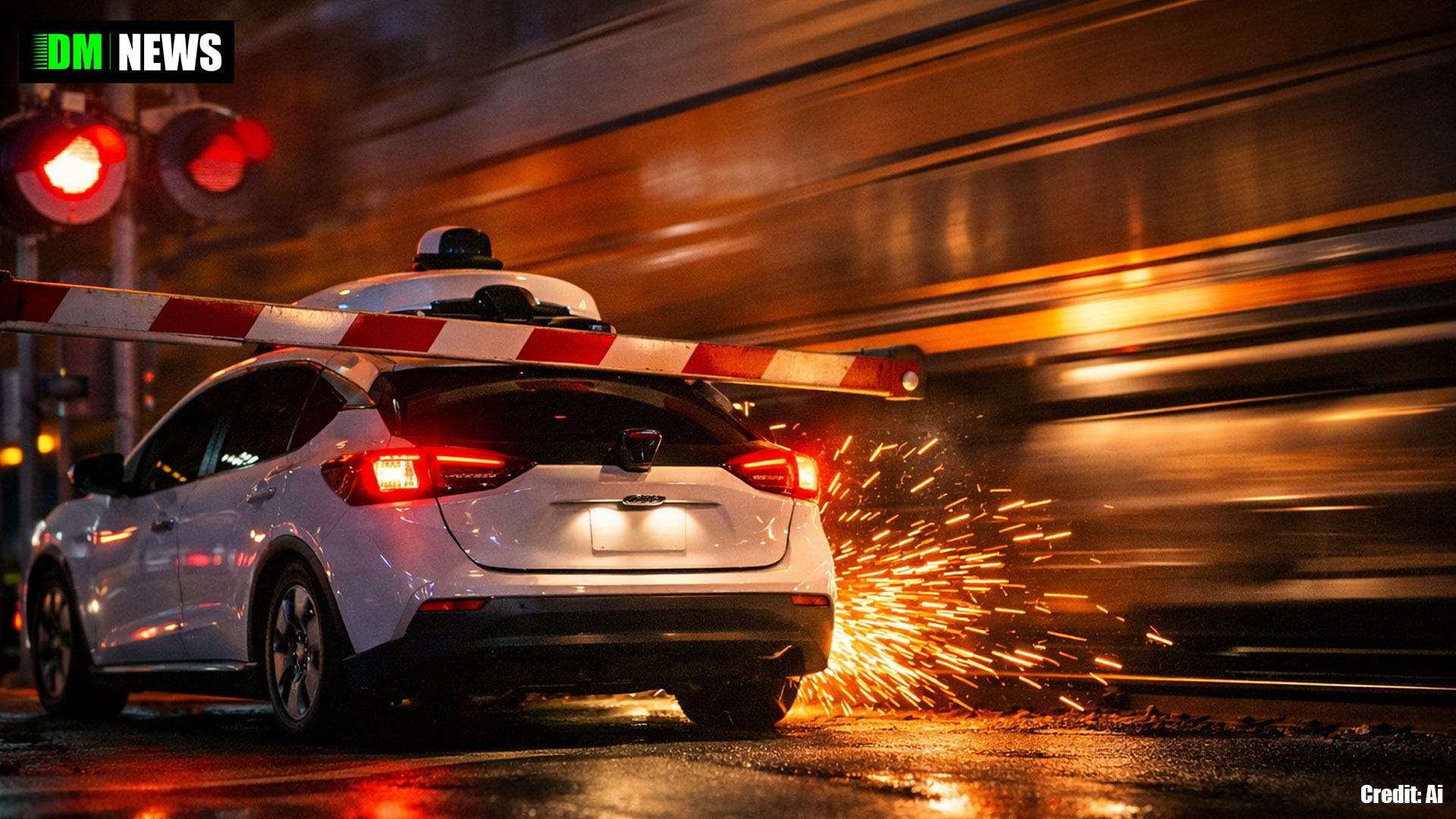 Waymo driverless car filmed stopping at rail crossing as train passes in Austin
